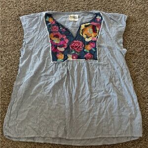 Savanna Jane Blue Striped Floral Embroidered Blouse